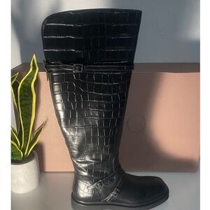 Sarto by Franco Sarto Ainsley Black Croc Leather Tall Buckle Boots E5662L4003